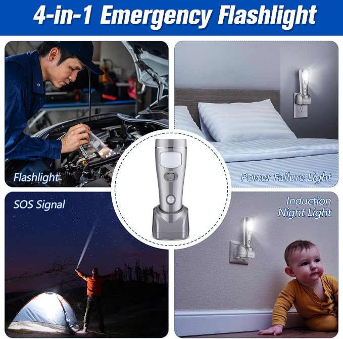 Enhon 6 Pack 4 in 1 LED Emergency Lights for Home Power Failure, Rechargeable Plug in Flashlight Motion Sensor Night Light, Automatic Turn On Power Outage Light for Home Hurricane Supplies (Silver)