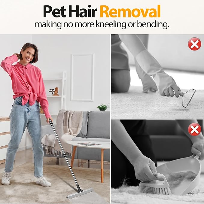 Carpet Rake for Pet Hair Removal, Dual-Action Hair Remover, Black | 2 in 1 TPU and Copper Rake Teeth, 54’’ Adjustable Long Handle, Reusable Cat & Dog Fur Broom for Carpets,Rugs, Mats,Car