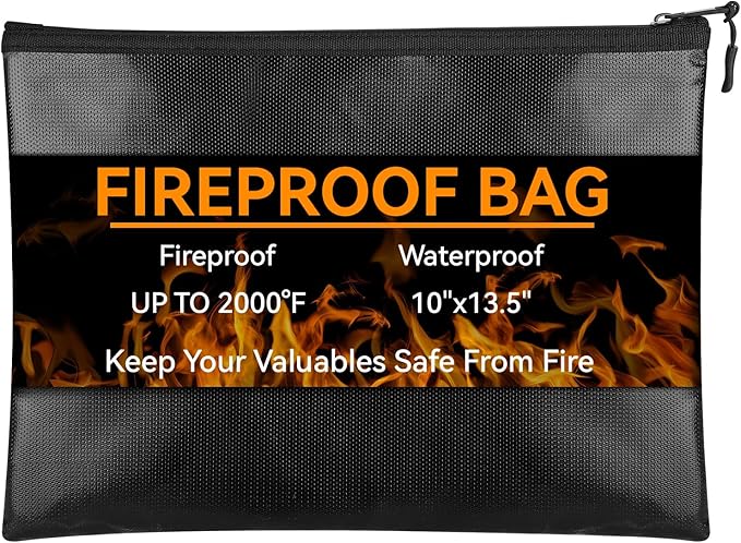 Fireproof Document Money Bag, Waterproof Zipper Pouch (10"x13.5") | Fire Proof for Passport, Important Legal Papers, Cash, Valuables, Secure Storage Organizer for Travel, Home, Office