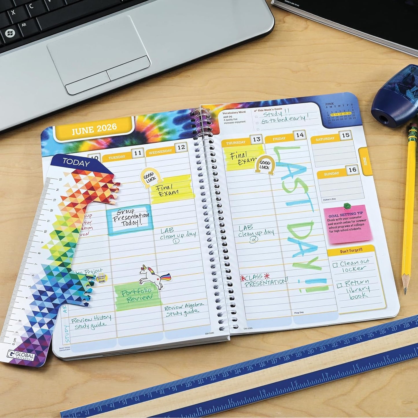 Global Datebooks Dated Middle School or High School Student Planner for Academic Year 2025-2026 Includes Ruler/Bookmark and Planning Stickers (Matrix Style - 5.5"x8.5" - Retro)