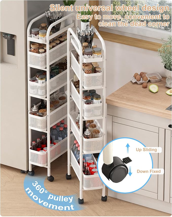 UMDONX 5-Tier Narrow Mobile Storage Cart with Pull-Out Baskets | The Multifunctional Pull-out Storage Rack Is Suitable for Bathrooms, Kitchens, and Laundry Rooms
