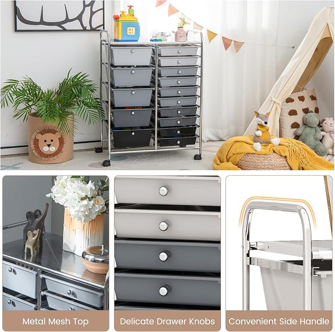 RELAX4LIFE 15-Drawer Storage Drawer Cart - Mobile Rolling Utility Cart with Wheels, Steel Frame, Craft Organizer for Classroom Organization and Storage, School, Office, Home, Gradient Black