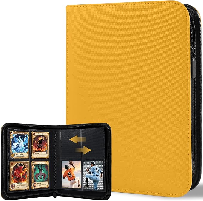 BYSTER 4 Pocket Card Binder, Premium PU Trading Card Binder with Zipper, 160 Capacity Side-Loading Binder for TCG, MTG, Sports Cards, Game Cards, Yellow