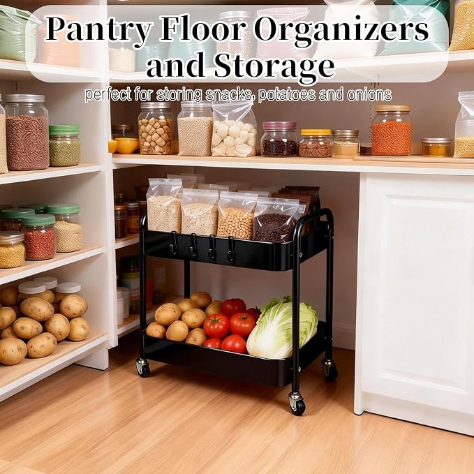 2 Pack Pantry Cart 2 Tier Small Rolling Cart with Wheels for Under Desk Storage, Short Rolling Utility Cart Large Basket Metal Kitchen Shelf with Mesh Laundry Room Organizer Side Table, Black