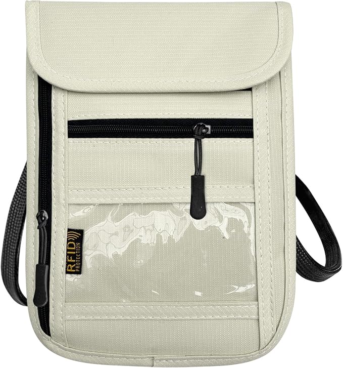 RFID Blocking Travel Neck Wallet Pouch and Passport Holder, Travel Neck Pouch Passport Holder for Women & Men - Beige