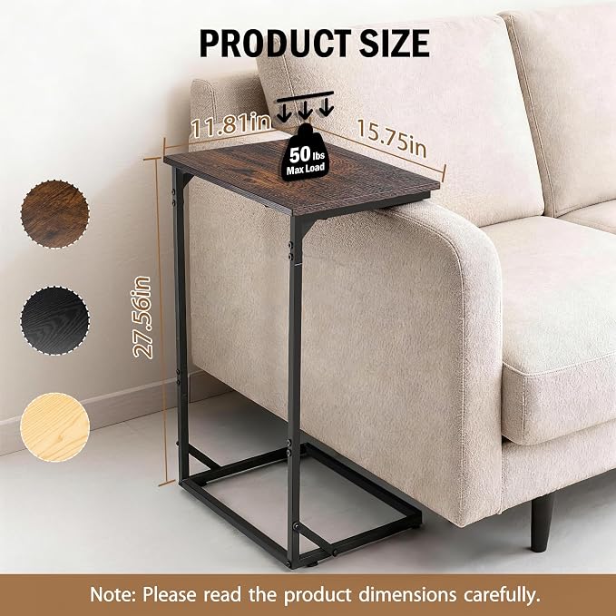 C Shaped End Table for Couch, Small Side Table for Living Room & Bedroom, Slide Under Sofa Table for Laptop, Coffee, Snacks, Easy Assembly, Modern Design