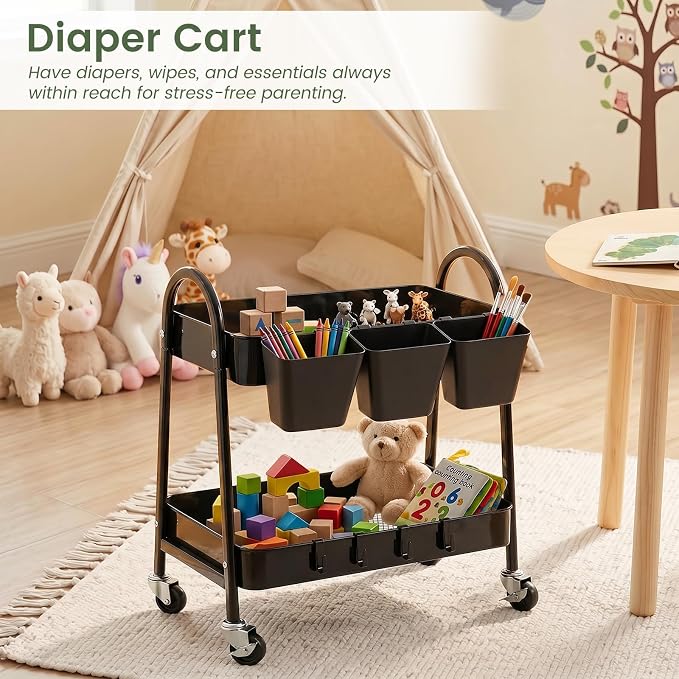 2-Tier Rolling Cart, Utility Cart Mobile Metal Rolling Storage Cart with Lockable Wheels & Hanging Cups & Hooks for Kitchen, Bathroom, Office, Workshop, Purple
