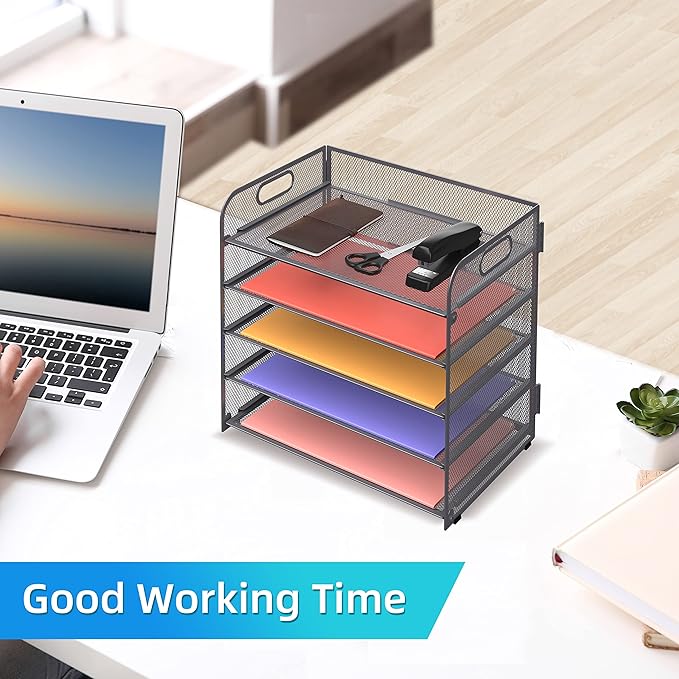 5 Trays Paper Organizer Letter Tray with Handle-Mesh Desk File Organizer, Grey Paper Sorter Desk Organizer for Office, Home or School
