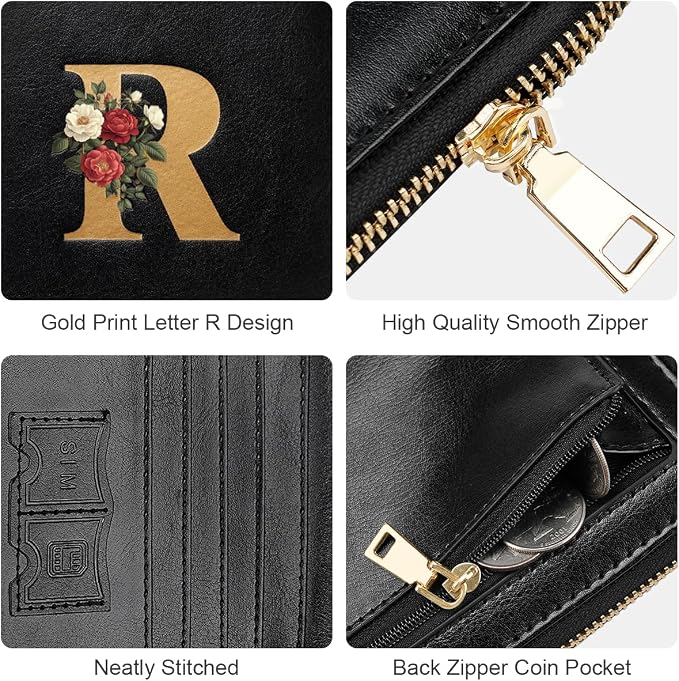 Passport Holder for Travel Personalized Wallet with Wristlet Women | Passport Cover, RFID Blocking, Passport Book Holders, Back Coin Pocket, Zipper Closure, Roses Initial Letter, Black R