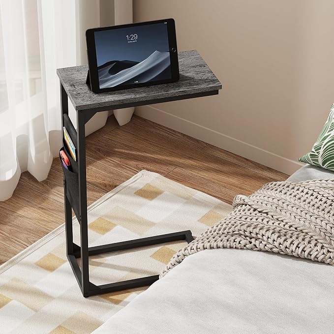 TUTOTAK C Shaped End Table, Side Table for Couch, Sofa Table | with Storage Bag, Set of 2, TV Tray for Living Room, Bedroom, Grey TB01BY0822