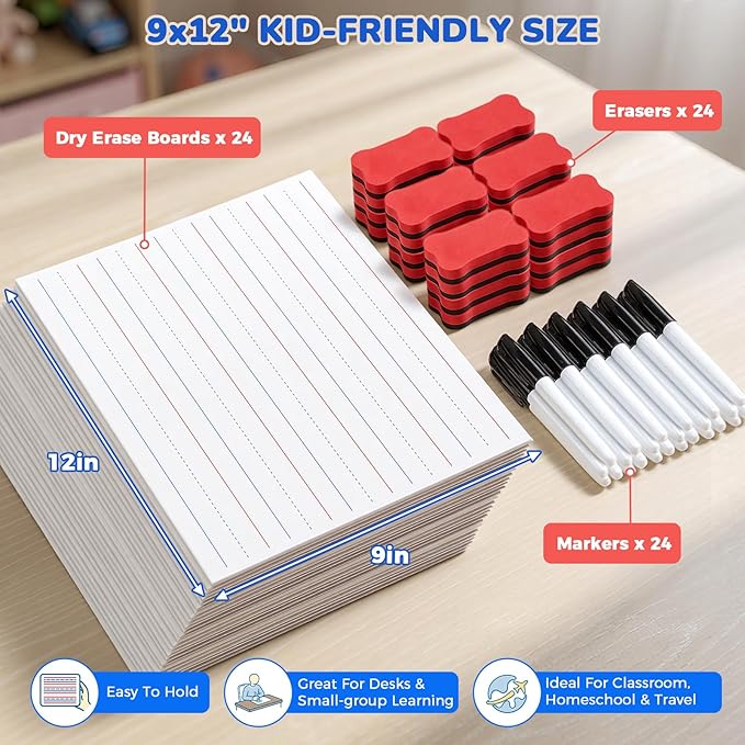 GAMENOTE 24 Pack Magnetic Dry Erase Lap Boards, Lined and Blank, 9 x 12 in | 24 pack double sided 9 x 12 boards pair a lined side with a blank side for reusable writing practice