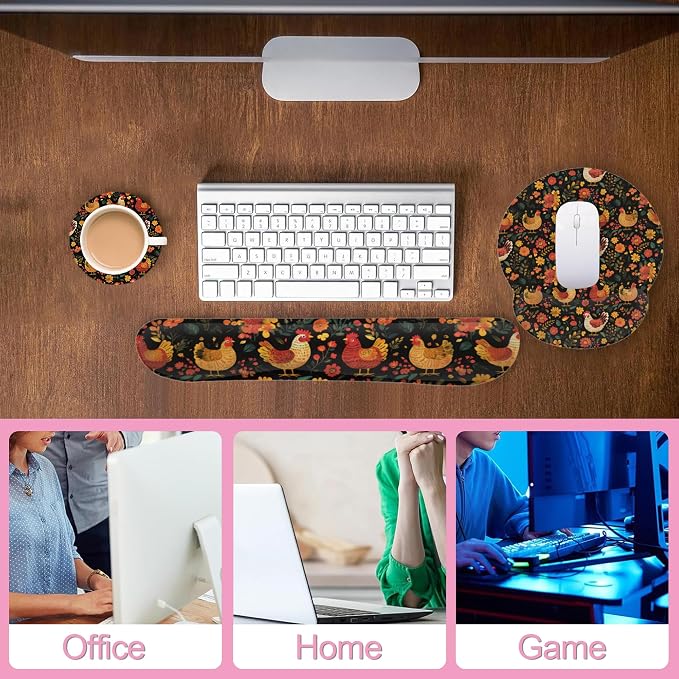 Chicken Rooster Hen Flower Meadow Mouse Pad with Wrist Rest Set,3-in-1 Wrist Support Mousepad Set,Gaming Mat Pad with Anti-Skid Base,Ergonomic Memory Foam Mouse Pad Set for Women,Office,Typing,Gaming