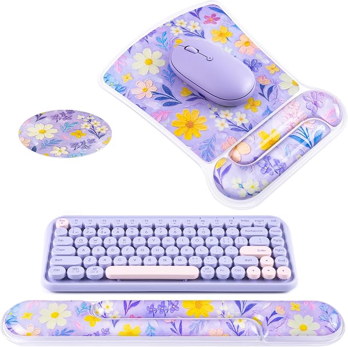 Ospelelf Mouse Pad with Wrist Rest and Ergonomic Gel Keyboard Hand Wrist, Support for Typing Gaming, Relieve Wrist Pain, Cool & Easy to Clean, for Office, Programmer, Home Computer Use Purple Floral