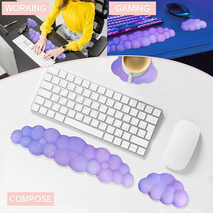 Silky Cloud Wrist Rest Set for Keyboard & Mouse, 16.9", Purple Star | Memory Foam Arm Rest with Ergonomic Support Fits Full Keyboards and Reduces Typing Fatigue for Office, Gaming and Home Use