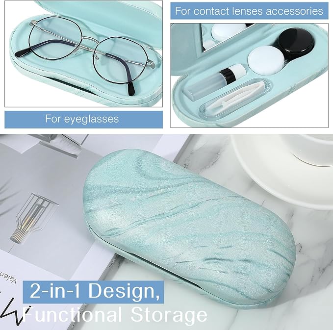 MoKo Double Eyeglass Case, 2 in 1 Double Sided Portable Glasses Case Contact Lens Case with Mirror Eye Glasses Carrying Bag Anti-Scratch Sunglasses Pouch Protective Eyewear, Blue Water Color
