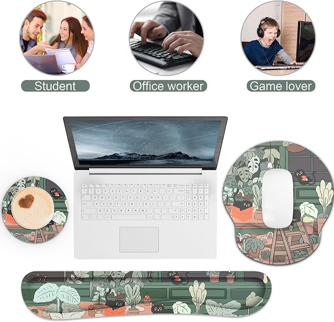 Ergonomic Mouse Pad with Wrist Rest and Keyboard Wrist Rest, Mousepad | Memory Foam Wrist Rest for Computer Keyboard, Pain Relief, Non-Slip Rubber Base, Mouse Pad with Wrist Support for Gaming, Cat