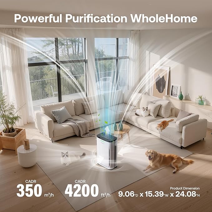 Pet Air Purifier Large Home up to 4200 sq ft, Suck up Floating Cat Dog Hair, 7-Stage Filter Anion Activated Carbon H13 HEPA Air Purifiers WiFi for Dander Odor Allergies Smoke Dust, Zero Ozone, P339