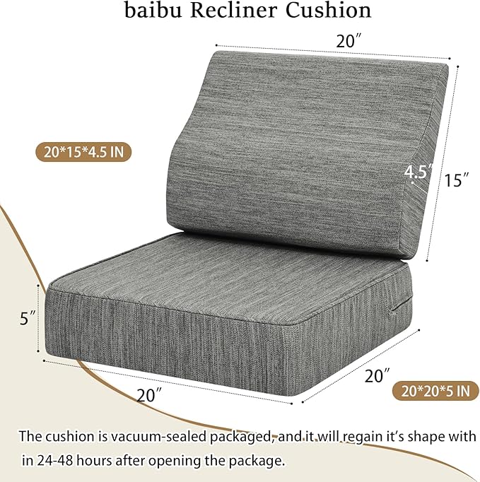 baibu Gel Memory Foam Recliner Cushions with Lumbar Support Pillow for Elderly, 20x20x5 Inch Thick Dual-Layer Patent Design Non-Slip Seat Cushion for Recliner Chair for Reduce Hip & Lumbar Pain, Grey