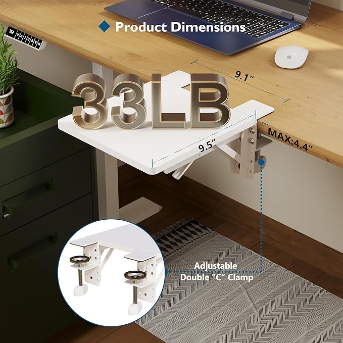 BONTEC Ergonomic Desk Extender Tray, 9.5"x9.1" Table Mount Arm Wrist Rest Shelf, 90° Foldable Elbow Support, Clamp on Computer Arm Rest for Desk, Office & Home Use, Durable & Easy to Install | 90°Foldable Elbow Support, Table Mount Arm, Clamp on Comput...