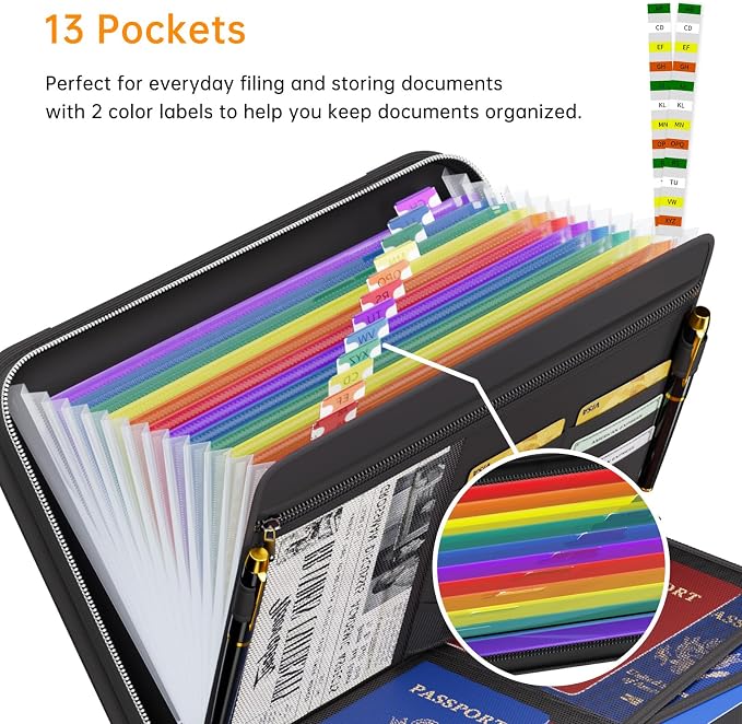 Tamfile Fireproof Accordion File Organizer, Expanding File Folder, Black | 13 Pocket Colorful, Handle, Zipper & Labels, Multi-Pockets Paper Organizer, for Letter A4 Files, Home, Office, School