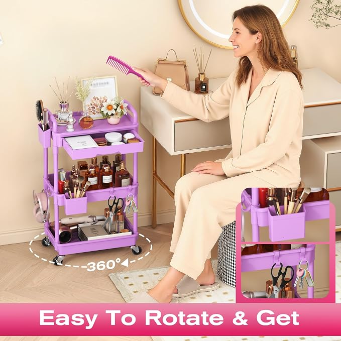 Goovilla Rolling Makeup Organizer Cart with Removable Drawer, 3 Tier Purple | Stable Floor Skincare Storage Cart for Vanity, Cosmetic Display, Nail Polish, Perfume, Hair Stuff, Beauty, Bathroom(Plastic)