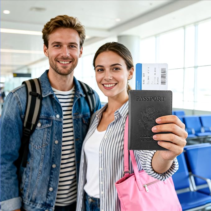 Passport Holder for Travel Men Women - Passport Cover, Passport Wallet Case Travel Essentials Travel Must Haves Accessories Blocking Leather Card Slot Protector for Stocking Stuffers Gifts,Black&Brown