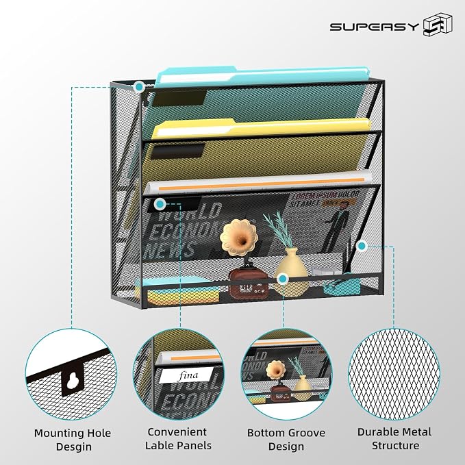 Wall File Organizer Mesh Office Mail Holder, Hanging Wall Organizer Magazine Rack for Office Black, 4 Tier