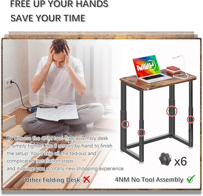 4NM No Tool Assembly 23.6" Small Desk, Folding Portable Desk with Wheels, Adjustable Height Foldable Computer Home Office Desks, Collapsible Study Writing Table for Space Saving Bedroom - Rustic Brown