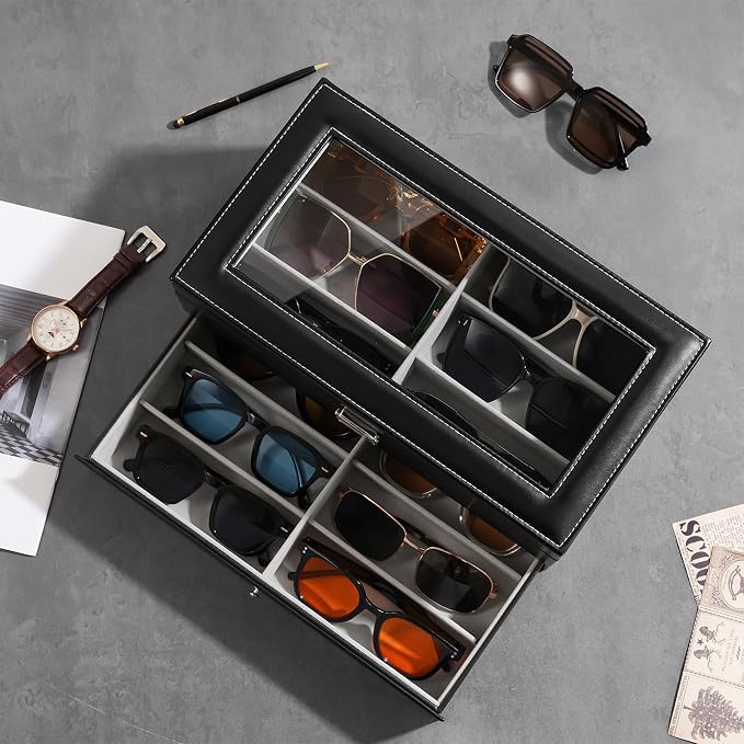ProCase 12 Slots Sunglasses Organizer, 2 Layer Sunglass Case, Leather Eyeglass Cases for Display and Storage -Black