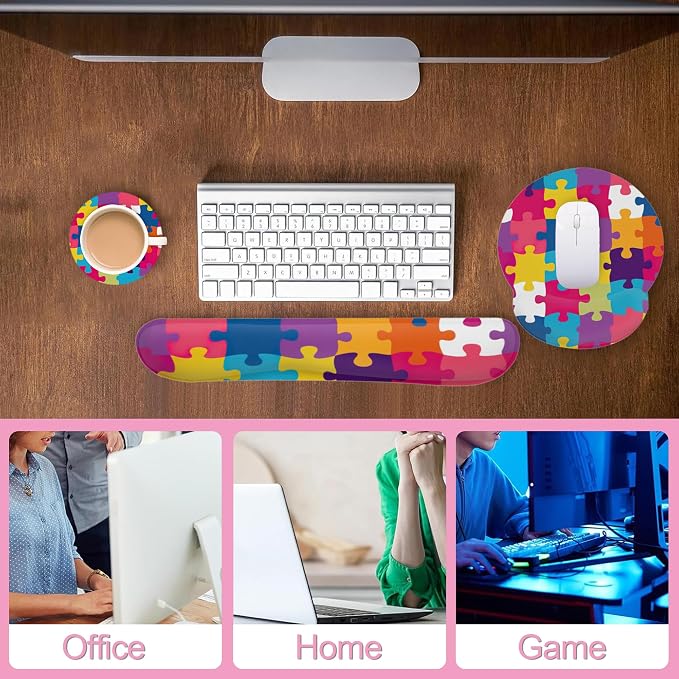 Autism Awareness Puzzle Colorful Keyboard Wrist Rest Pad and Mouse Pad Wrist Support Set,3-in-1 Ergonomic Mouse Pad with Non-Slip Rubber Base for Home Office Game Computers Desk,