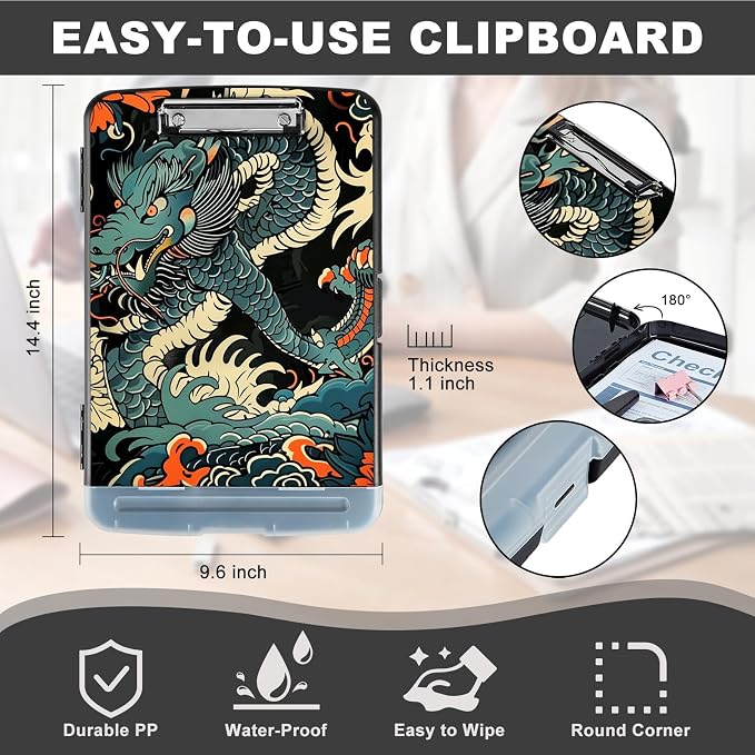 Clipboard with Storage,Storage Clipboard with Pen Holder,Heavy Duty Plastic Storage Clipboard with Low Profile Clip,Teacher Must Haves,Clipboard Folder,Office Supplies,Dragon -1355
