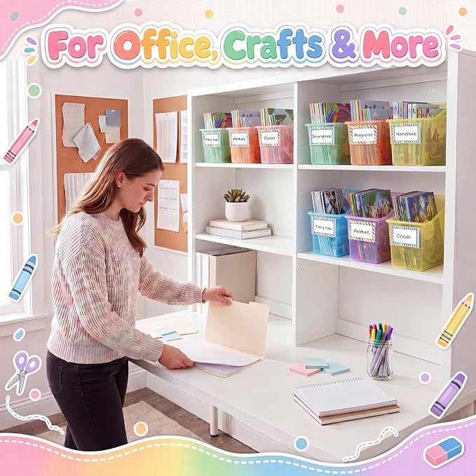 Blosssound 6 Set Book Bins for Classroom Stackable,Translucent Pastel | Plastic Baskets with Labels, Slanted Front, Library Supplies Organizers, Desktop Storage Bins, Teachers Home School Use