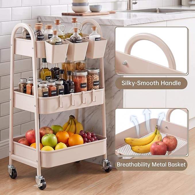 3-Tier Rolling Cart, Utility Cart Mobile Metal Rolling Storage Cart with Lockable Wheels & Hanging Cups & Hooks for Kitchen, Bathroom, Office, Workshop, Beige