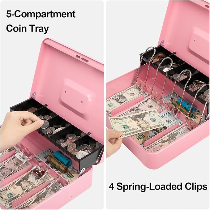Jssmst Cash Box with Money Tray and Lock - Pink Cash Box with Combination Lock Safe Large, Locking Cash Register Drawer Box for Money, 11.8'' x 9.5'' x 3.5'', SM-CB005PC
