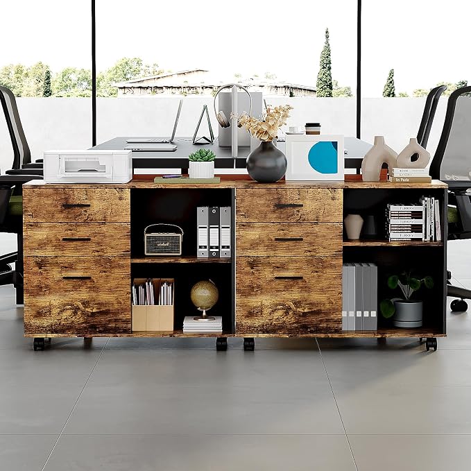 VINGLI 3 Drawer Wood Lateral File Cabinet with Adjustable Shelves & Locking Wheels, Printer Stand with Drawers for Letter, Sturdy Black File Cabinets for Home Office, Study & Business, Rustic Brown