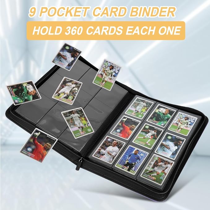 360 Cards Ringless 9-Pocket Side Loading Trading Card Binder, PU Zipper Fixed Page Card Album for TCG Sports Cards, Not Fit Top Loaders (Carbon Black)