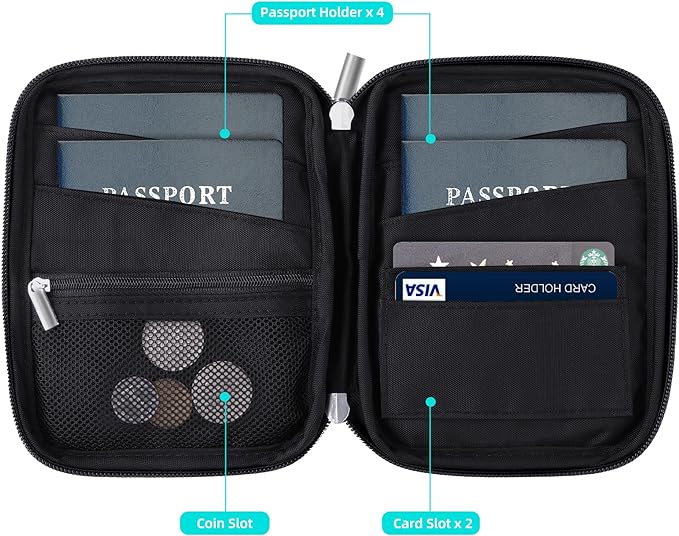 WALNEW Passport Holder Family for 4, RFID Blocking Travel Wallet Women Men, Lightweight Zipper Document Organizer Pouch Bag Credit Cards Case Cover for Travelling, Black | Holds up to 4 Passports, Removable Wrist Strap，Lightweight Zipper Document Organ...