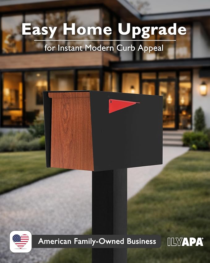 Ilyapa Modern Mailbox for Post Mount - Black Powder Coated Metal Mailbox with Cherry Wood Door - Waterproof for Parcels, Recessed Magnetic Close Door