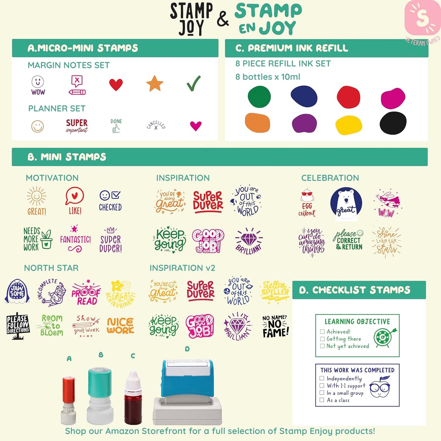 8 Self-Ink Flash Stamp Set, Multicolor Teacher Stamps for Classroom, Stamps for Teachers, Pre-Inked, Refillable Stamps (Inspiration Set v2)