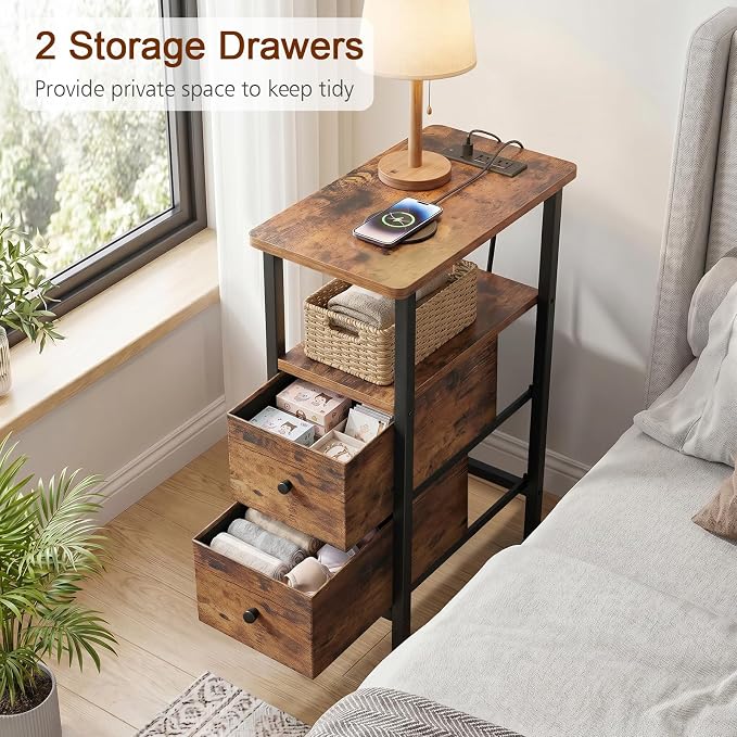 Narrow End Table with Charging Station, Small Nightstand | Skinny Side Tables Living Room with 2 Fabric Drawers, Slim Bedside Table for Bedroom, Small Spaces, Couch, Rustic Brown