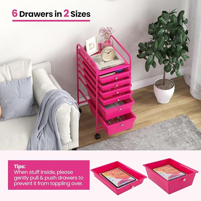 COSTWAY 6-Drawer Rolling Storage Cart, Art Craft Tools Organizer on Wheels | Multifunctional Heavy Duty Utility Mobile Storage Trolley w/ 2 Lockable Wheels for Home Office School (Hot Pink)