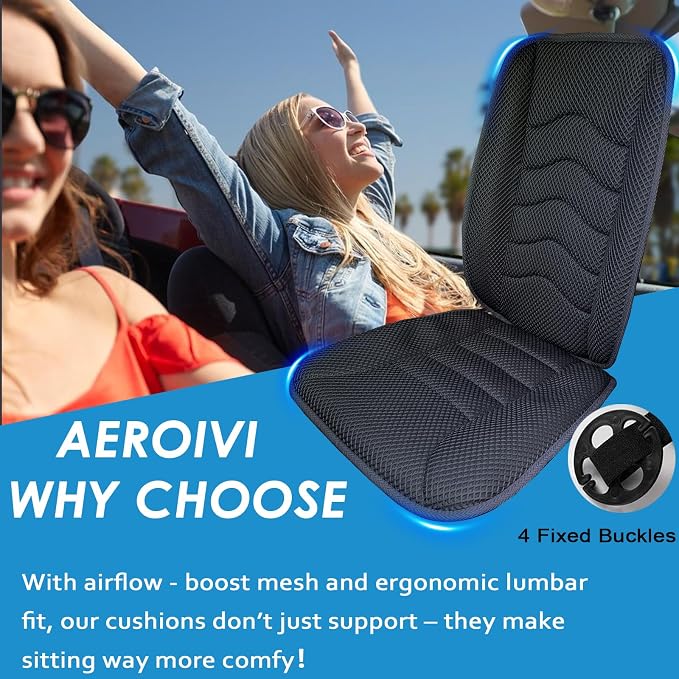 AEROiVi Car Seat Cushion with Back Support Pillow Breathable Mesh Non-Slip | Lumbar Support Car Seat Cushion for Long Sitting Comfort Seat Protector Pad Works with Truck SUV Quick Drying Washable