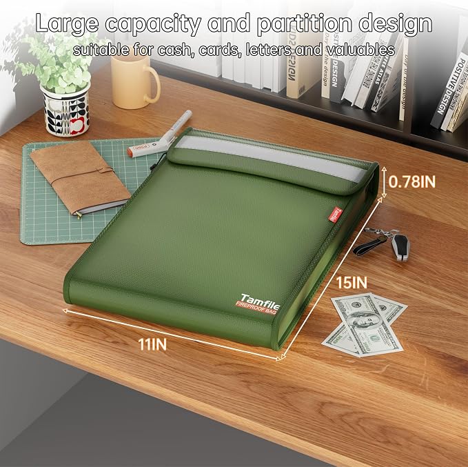 6400℉ Fireproof Document Bag, 15”x 11” Waterproof Document Organizer, Green | Fireproof Money Bag, 2 Pockets,Safe Important Document Organizer for A4 A5 Legal Letter Size, Valuables, Legal Documents