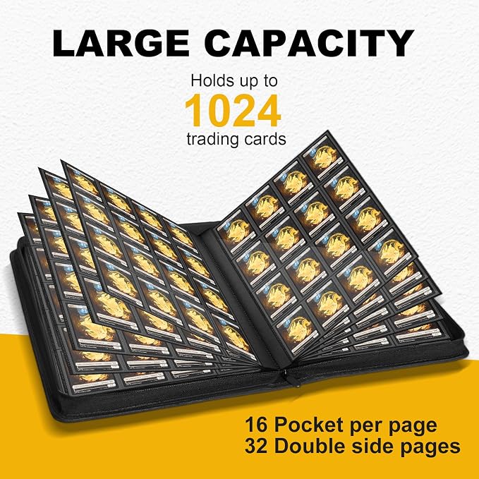 1024 Pocket Trading Card Binder Compatible with Pokemon TCG MTG Baseball Sports Cards, Trading Card Side Loading Zip Binder, Premium Leather Card Collection Storage Binders