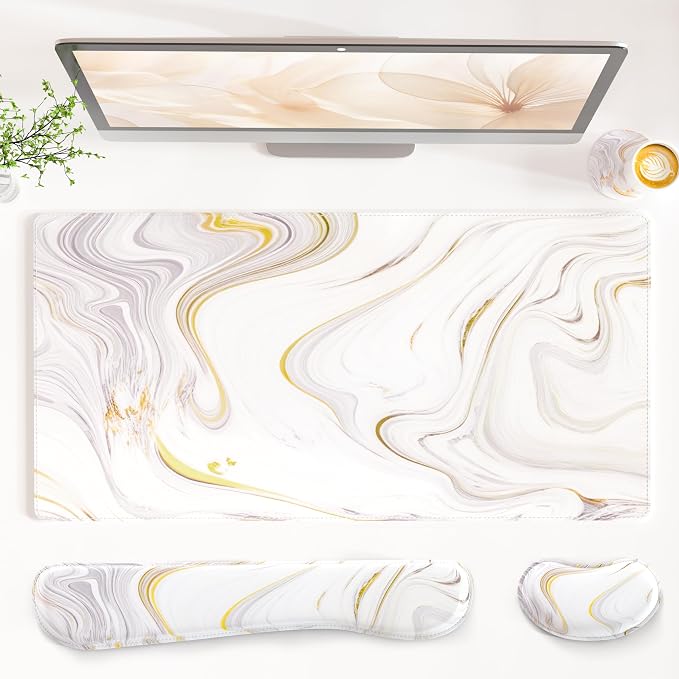QIYI PU Leather Desk Mat Set, 4-in-1 Ergonomic Wrist Rest, White Marble | Waterproof Large Mouse Pad 31.5×15.7 + Keyboard Wrist Rest + Mouse Wrist Support+Coaster, Non-Slip Office Gaming Accessories