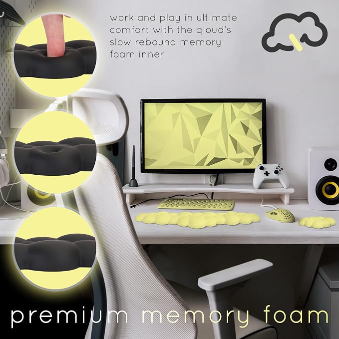 Cloud Keyboard Wrist Rest – Create-ables Qloud Cloud Wrist Rest for Computer Keyboard and Mouse, Ergonomic Memory Foam Wrist Pad with Non-Slip Base, Includes Cloud Mouse Pad – Yellow