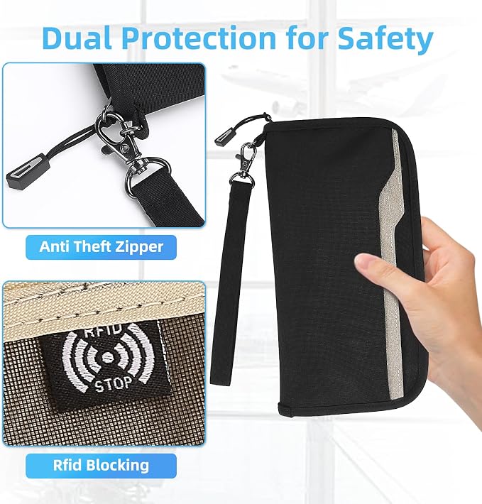 Passport Holder Family RFID Passport Wallet, Passport Holder Women/Men, Travel Wallet Documents Organizer Zipper Case with Removable Wristlet Strap, Travel Essentials for Flying