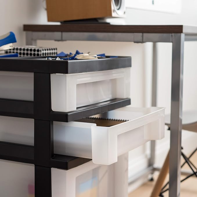 IRIS USA 4-Drawer Rolling Storage Cart with Organizer Top, Black/Pearl | Keep classroom supplies, teacher essentials, craft materials, and learning tools organized with easy-access drawers.
