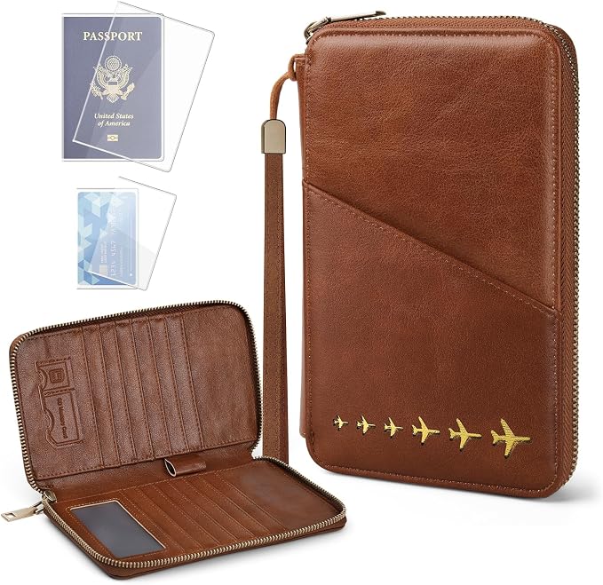 Family Passport Holder for 4 Travel RFID Blocking Passport Holder | With Clear Passport Cover, Anti-Theft, PU Material, Travel Document Organizer, Brown