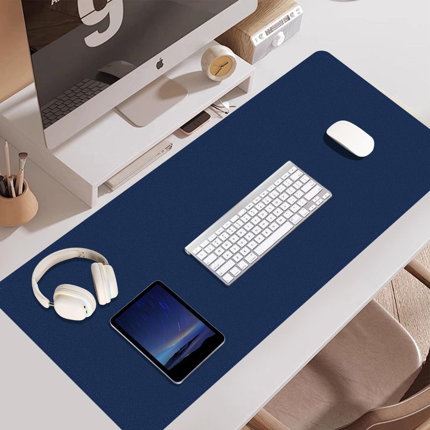 BLESWIN Large Desk Pad Mat 47.2"" x 17"", Office Desk Mat, Non-Slip PU Leather & Cork Desk Blotter for Keyboard and Mouse, Large Desk Mat, Large Mouse Pad for Office & Home(Dark Blue)